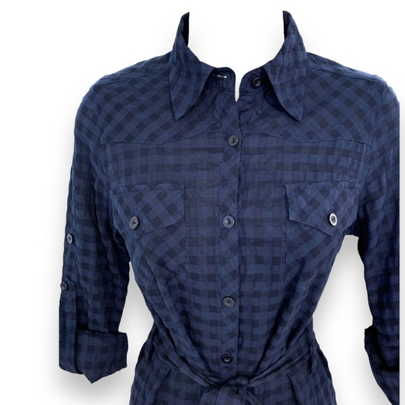 Solemio | NWOT Shirt Dress Tunic Blouse Tie Waist Blue-Black Checkered  S - Picture 2 of 16